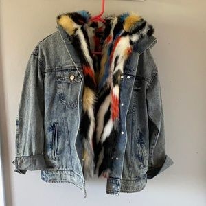 Hooded jean jacket with faux fur lining.